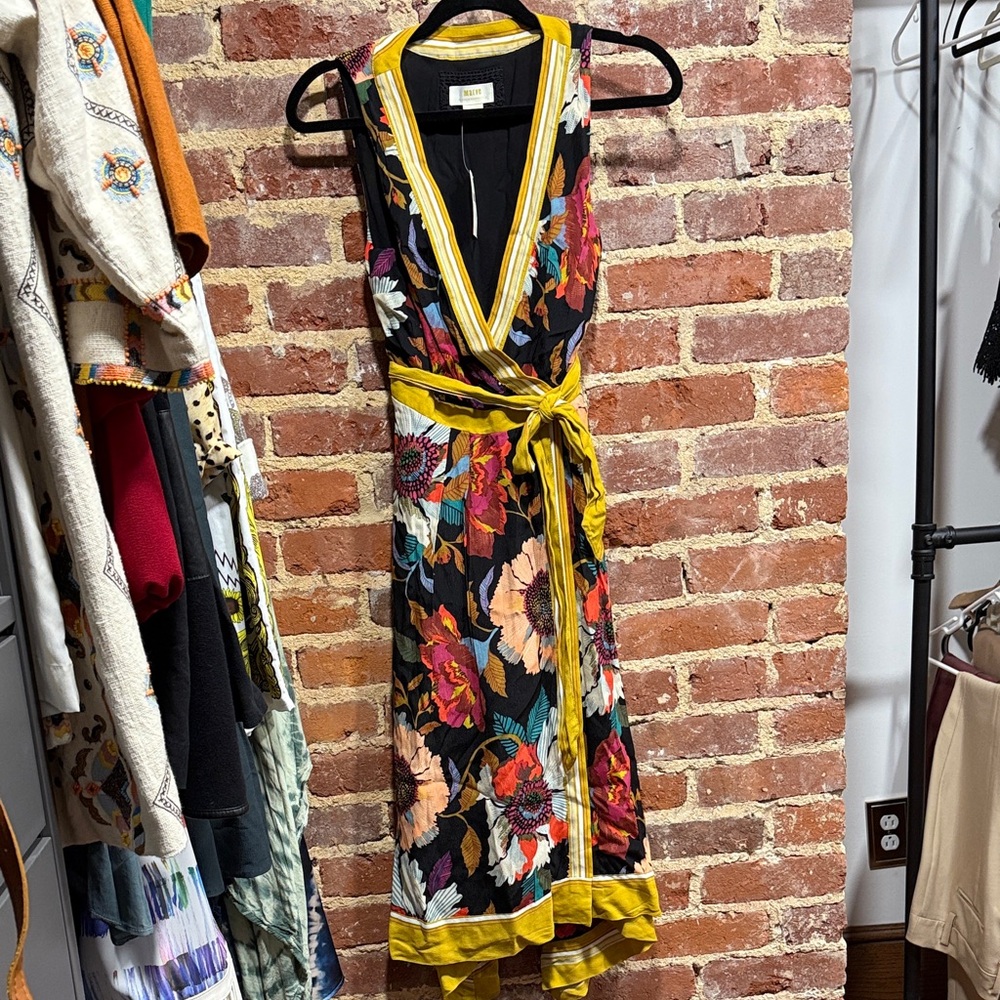 Anthropologie Black Floral Maxi Dress with Yellow Trim